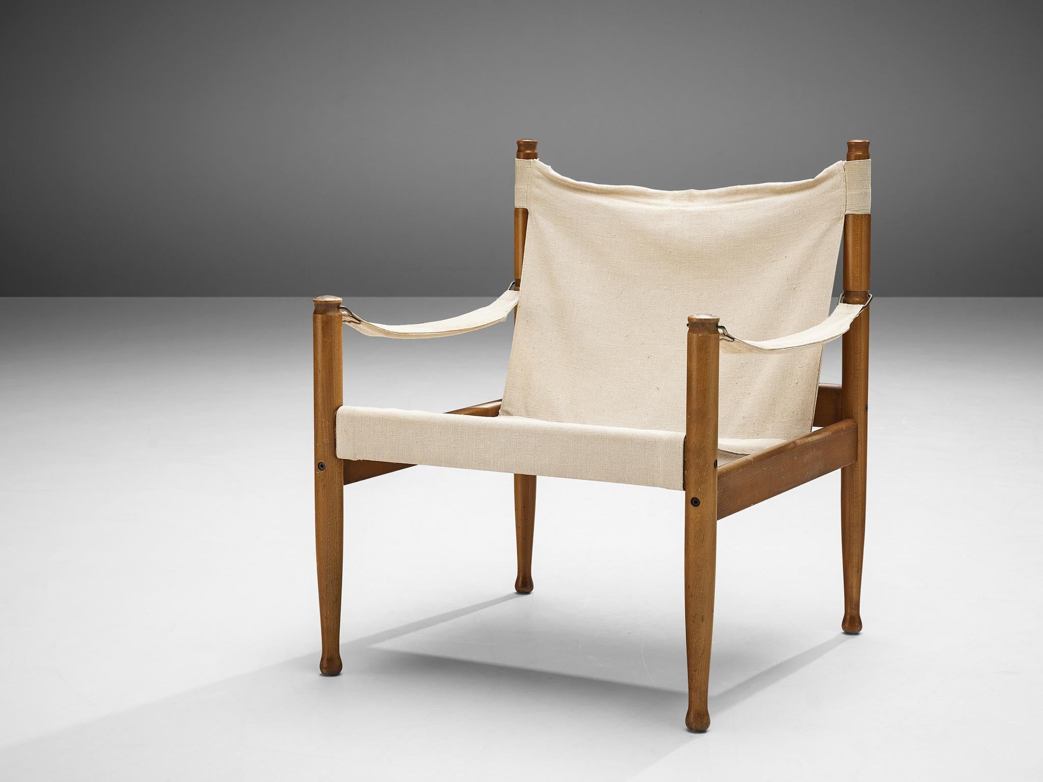 Erik Worts Safari Lounge Chair in Off White Canvas and Wood