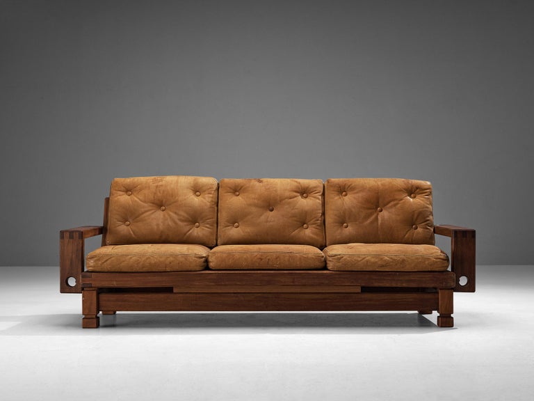 Eccentric French Sofa in Teak and Cognac Brown Leather