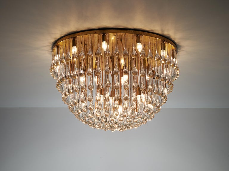 Large Italian Chandelier in Brass with Glass Drops