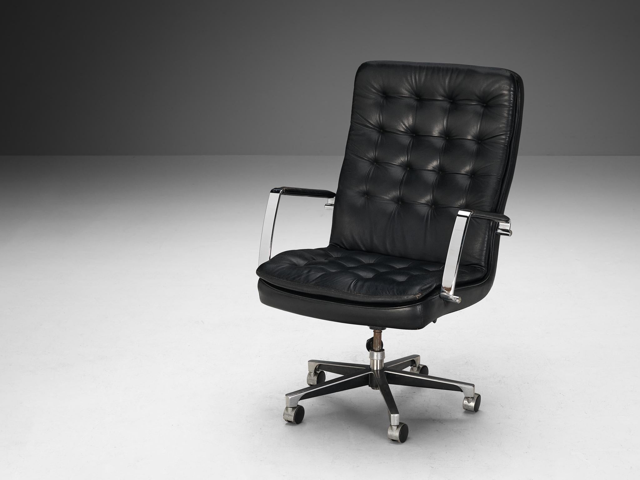 Dux of Sweden Office Chair in Black Leather and Chrome plated Steel