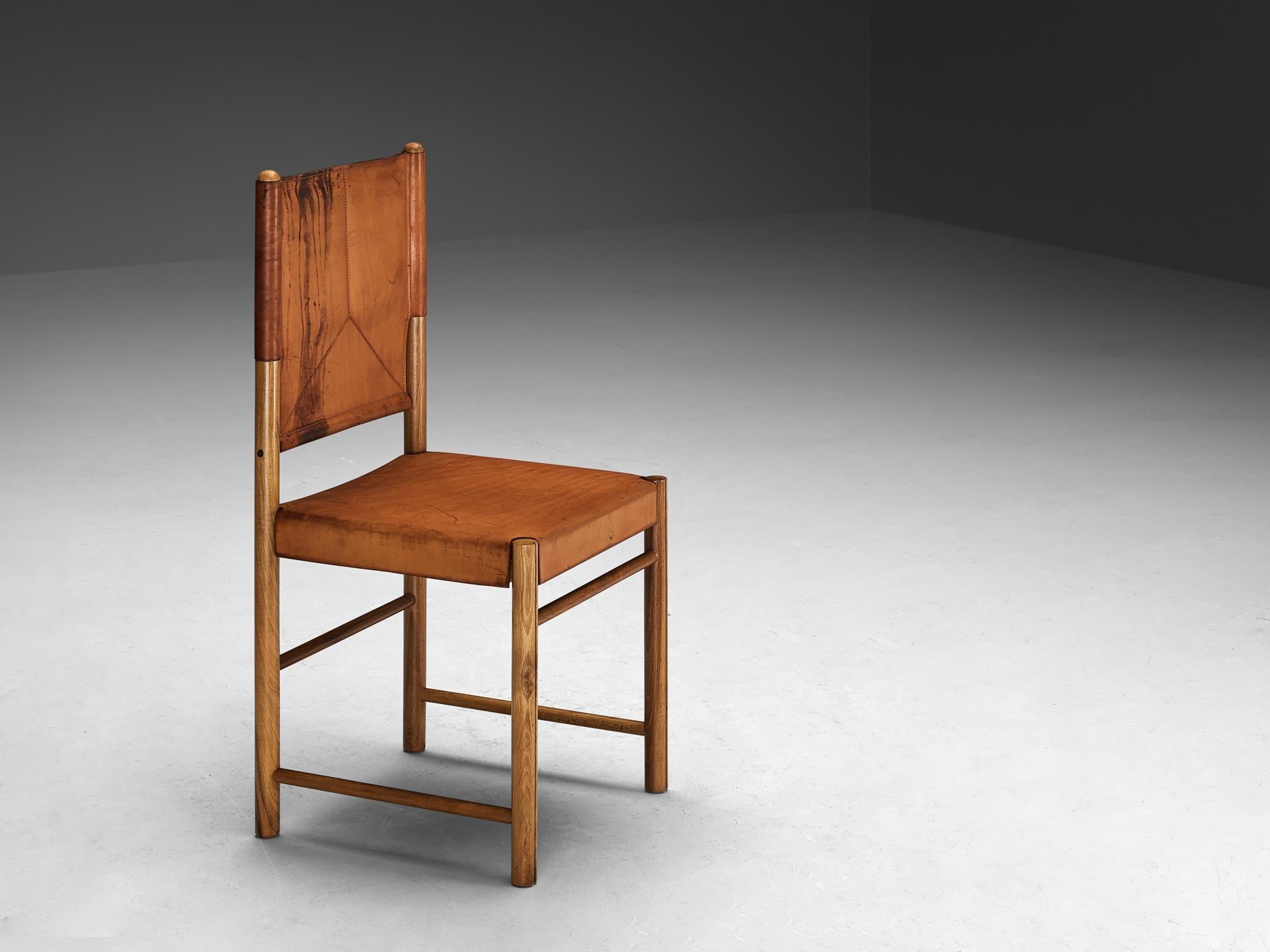 Italian Dining Chair in Cognac Saddle Leather and Walnut