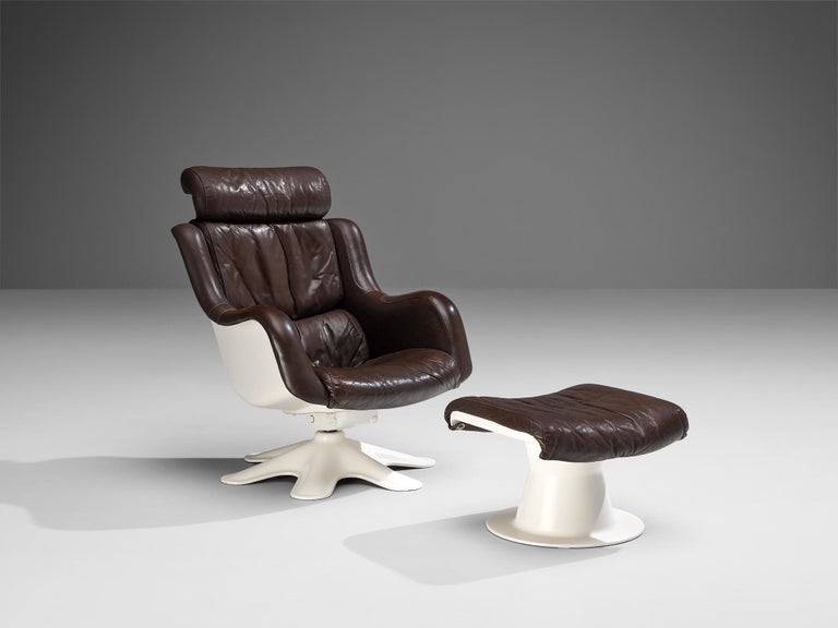 Yrjö Kukkapuro Lounge Chair with Ottoman in Fiberglass and Black Leather