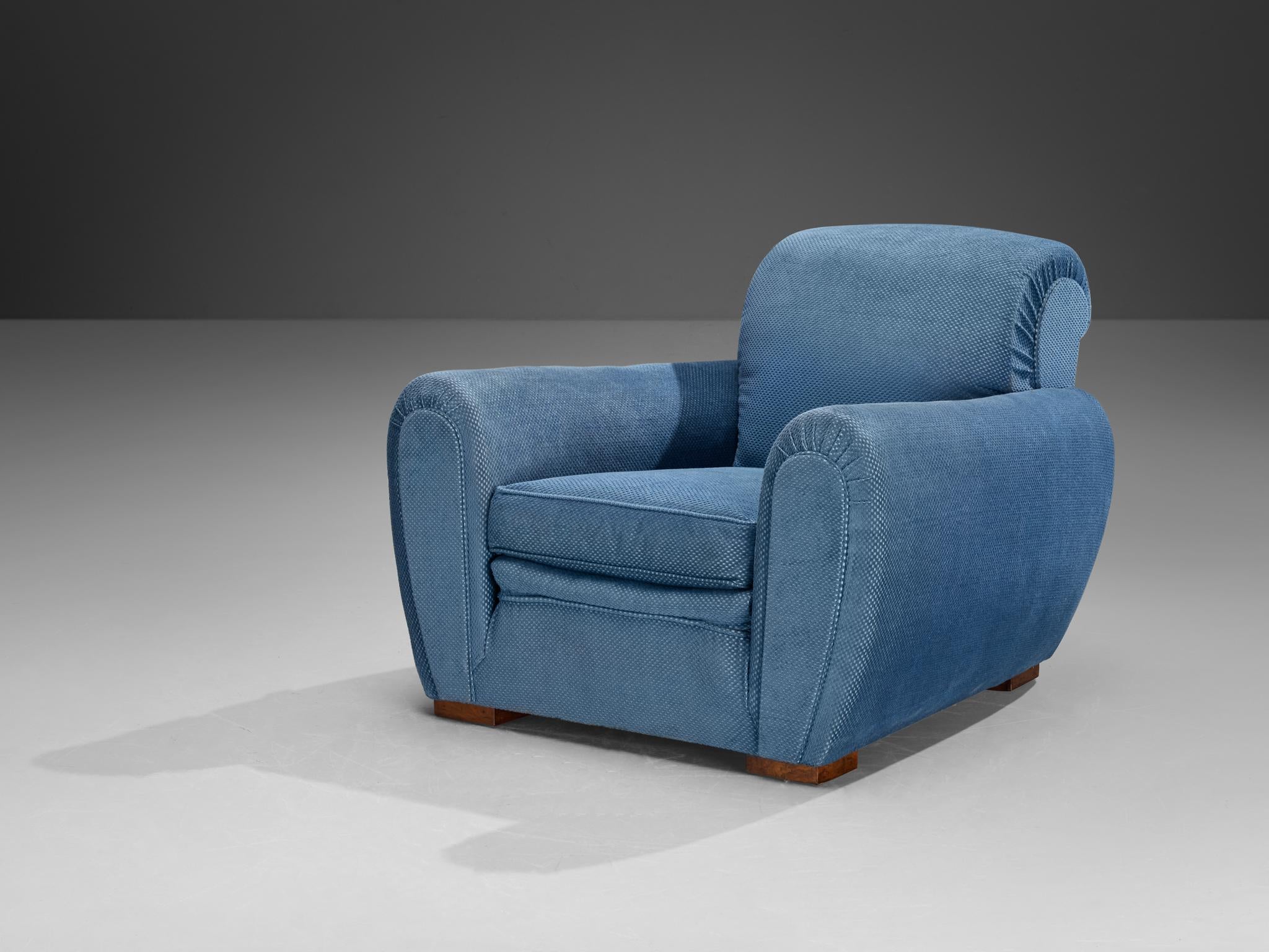 French Art Deco Lounge Chair in Blue Upholstery