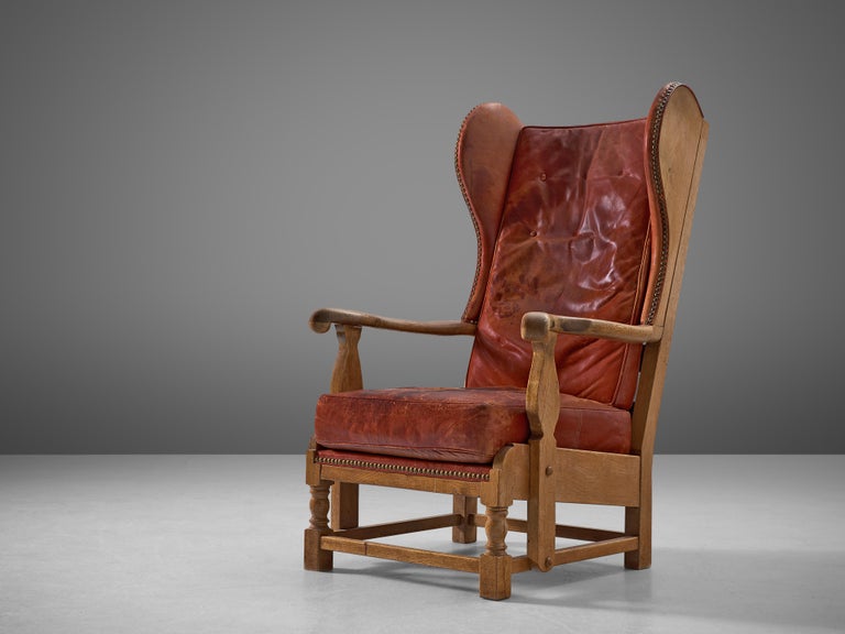 Danish Wingback Chair in Red Leather and Oak