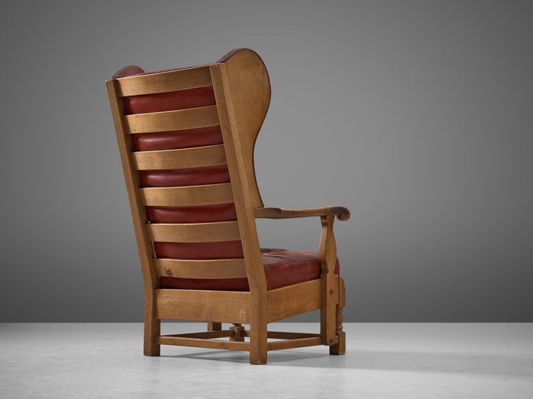 Danish Wingback Chair in Red Leather and Oak