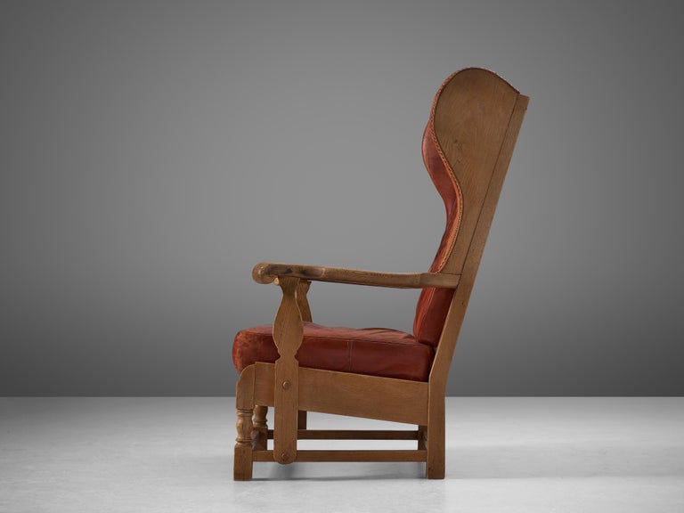 Danish Wingback Chair in Red Leather and Oak