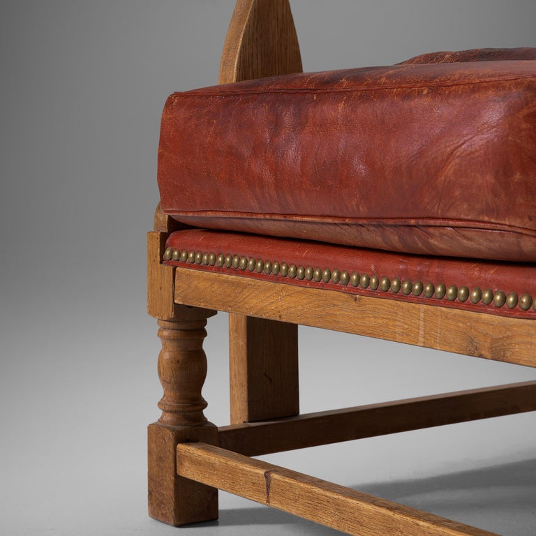 Danish Wingback Chair in Red Leather and Oak