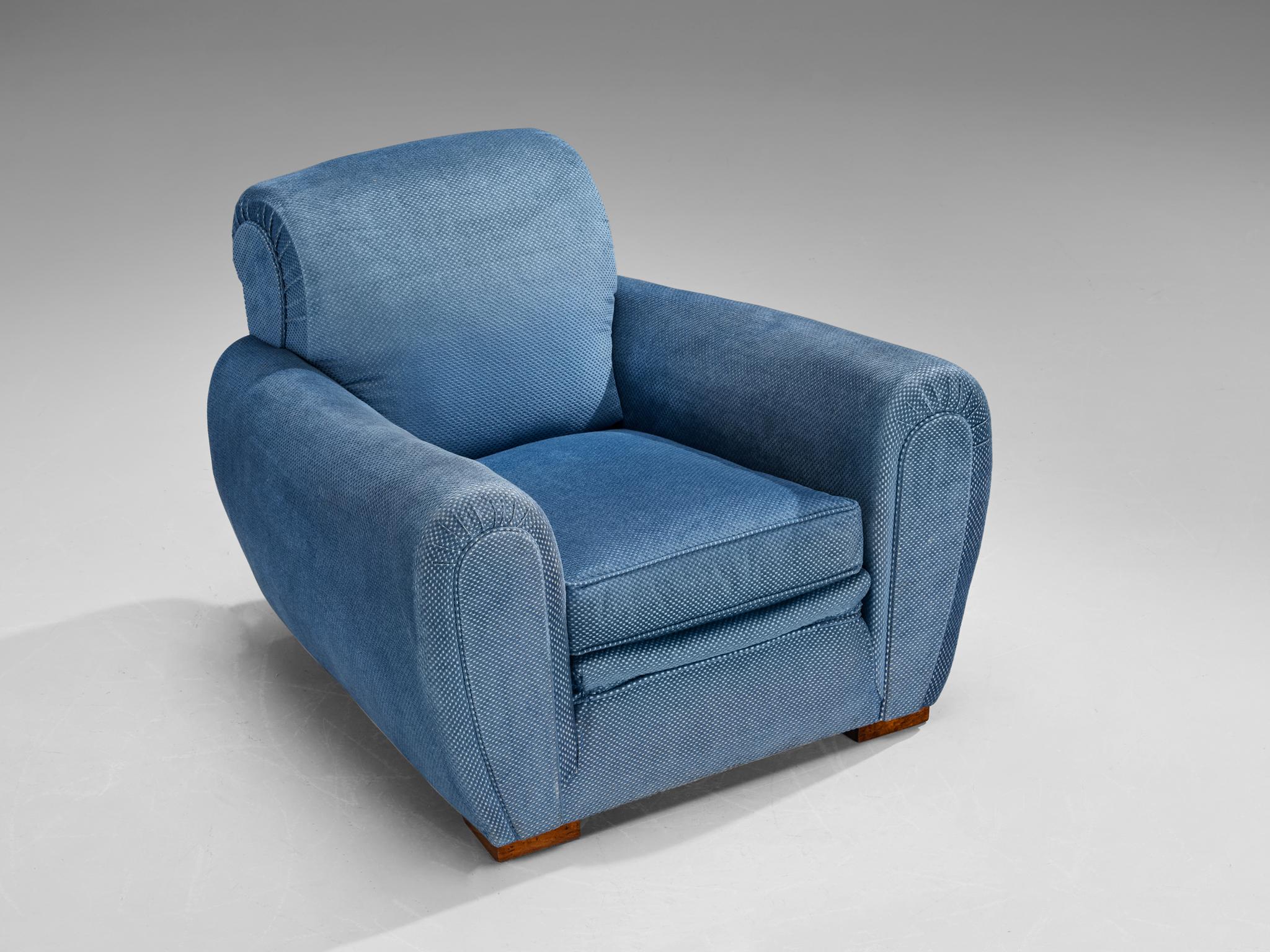 French Art Deco Lounge Chair in Blue Upholstery