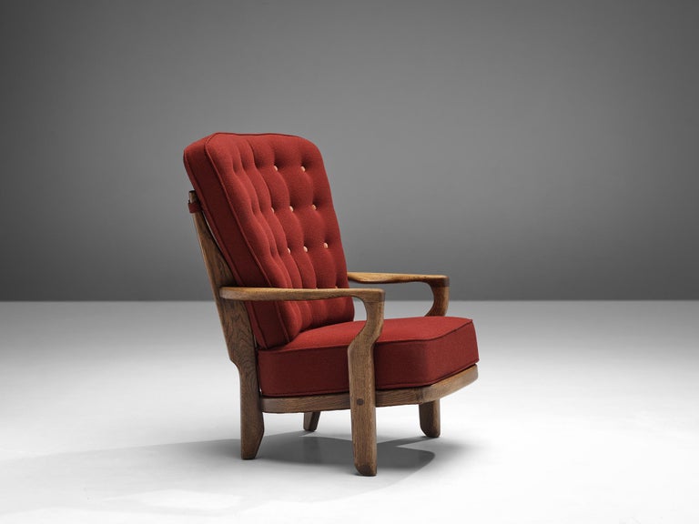 Guillerme & Chambron 'Mid Repos' Lounge Chair in Oak and Red Upholstery