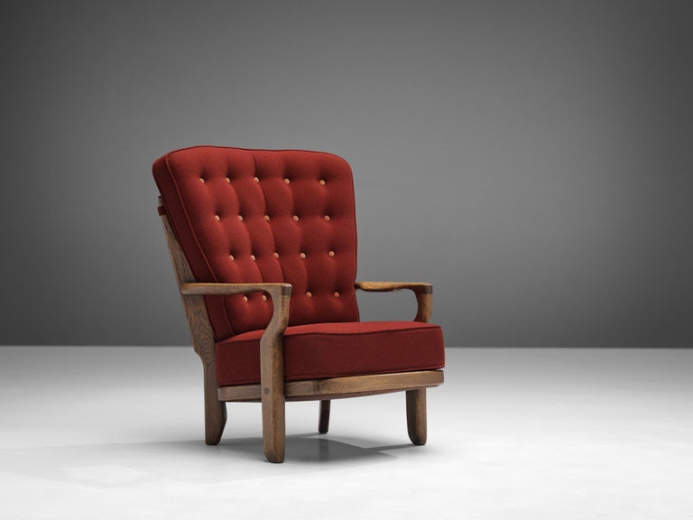 Guillerme & Chambron 'Mid Repos' Lounge Chair in Oak and Red Upholstery