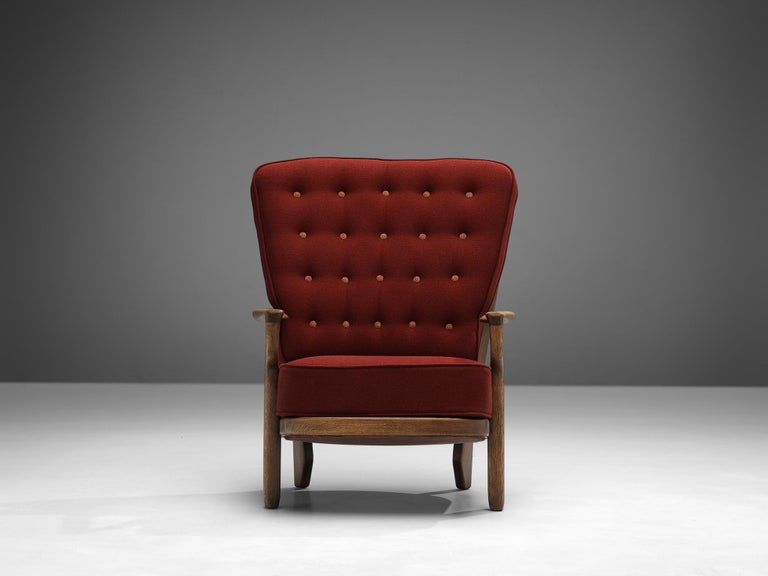 Guillerme & Chambron 'Mid Repos' Lounge Chair in Oak and Red Upholstery