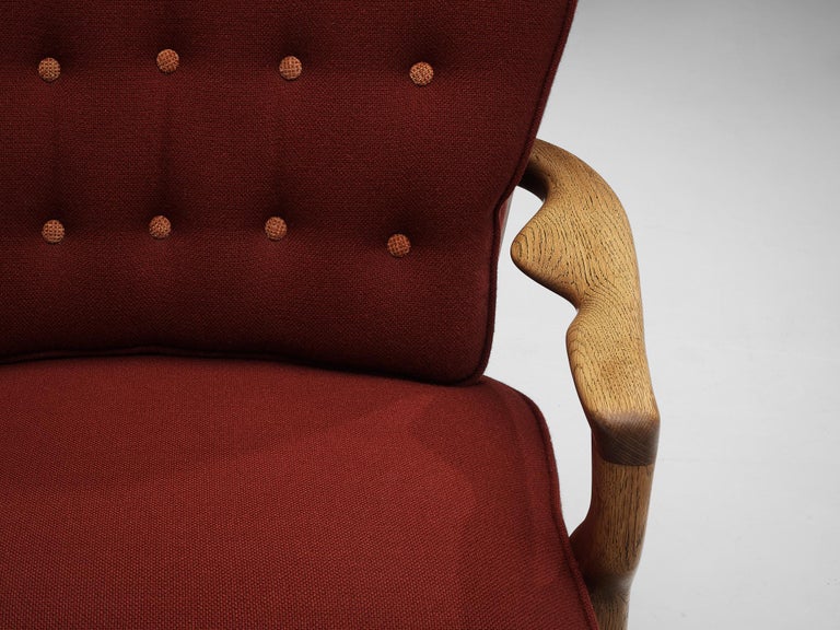 Guillerme & Chambron 'Mid Repos' Lounge Chair in Oak and Red Upholstery