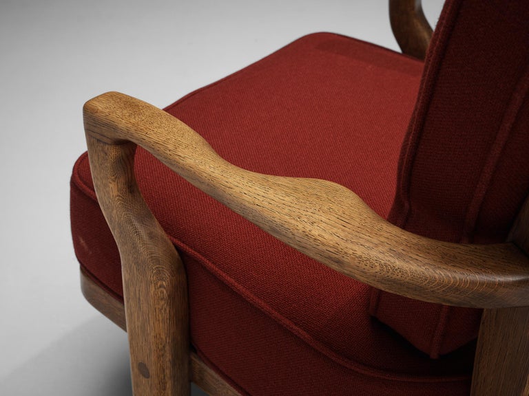 Guillerme & Chambron 'Mid Repos' Lounge Chair in Oak and Red Upholstery