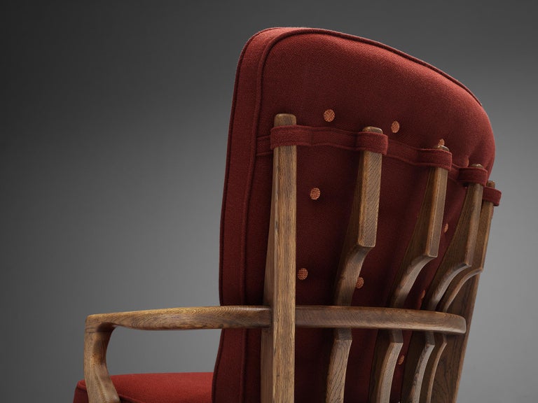 Guillerme & Chambron 'Mid Repos' Lounge Chair in Oak and Red Upholstery