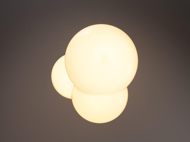 Mid-Century Pendant with Three Round Spheres in White Opaque Glass and Metal