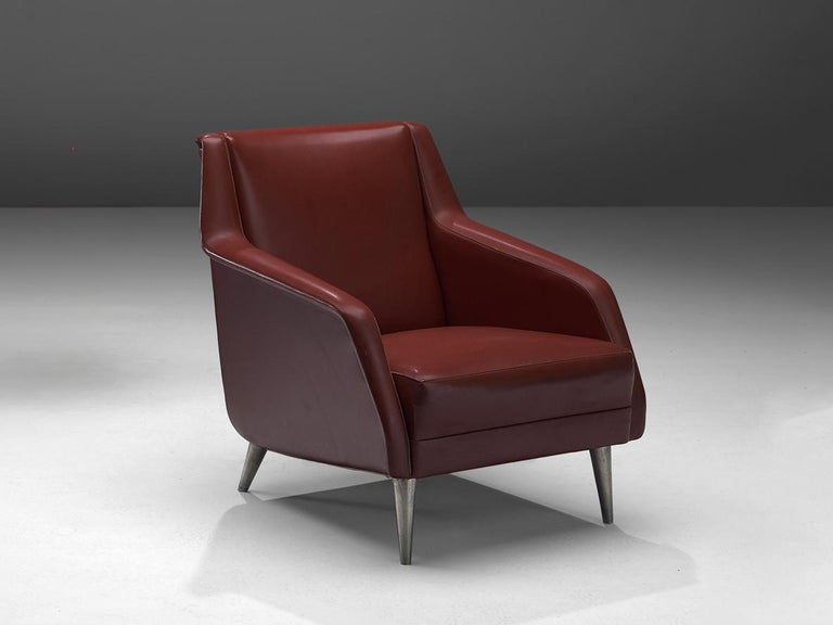 1950s Carlo de Carli Lounge Chair in Burgundy Red Fabric with Nickel Feet