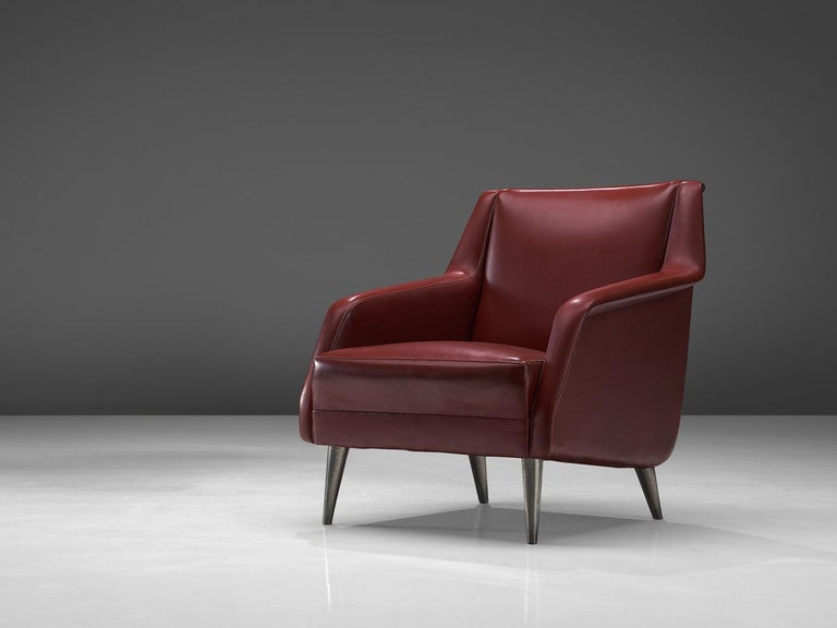 1950s Carlo de Carli Lounge Chair in Burgundy Red Fabric with Nickel Feet