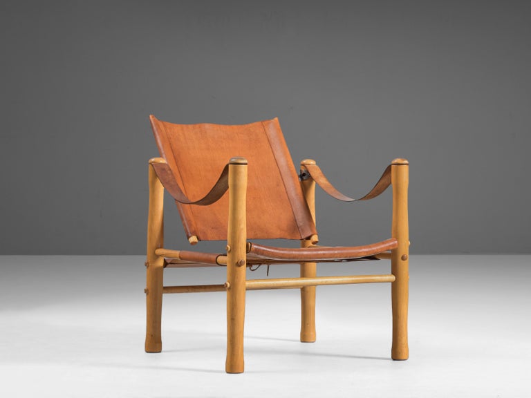 Swedish Safari Armchair in Natural Cognac Leather and Birch