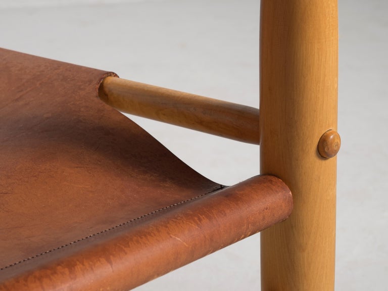 Swedish Safari Armchair in Natural Cognac Leather and Birch