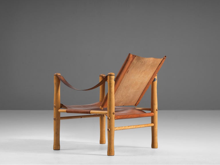 Swedish Safari Armchair in Natural Cognac Leather and Birch