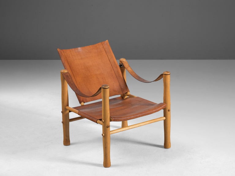 Swedish Safari Armchair in Natural Cognac Leather and Birch