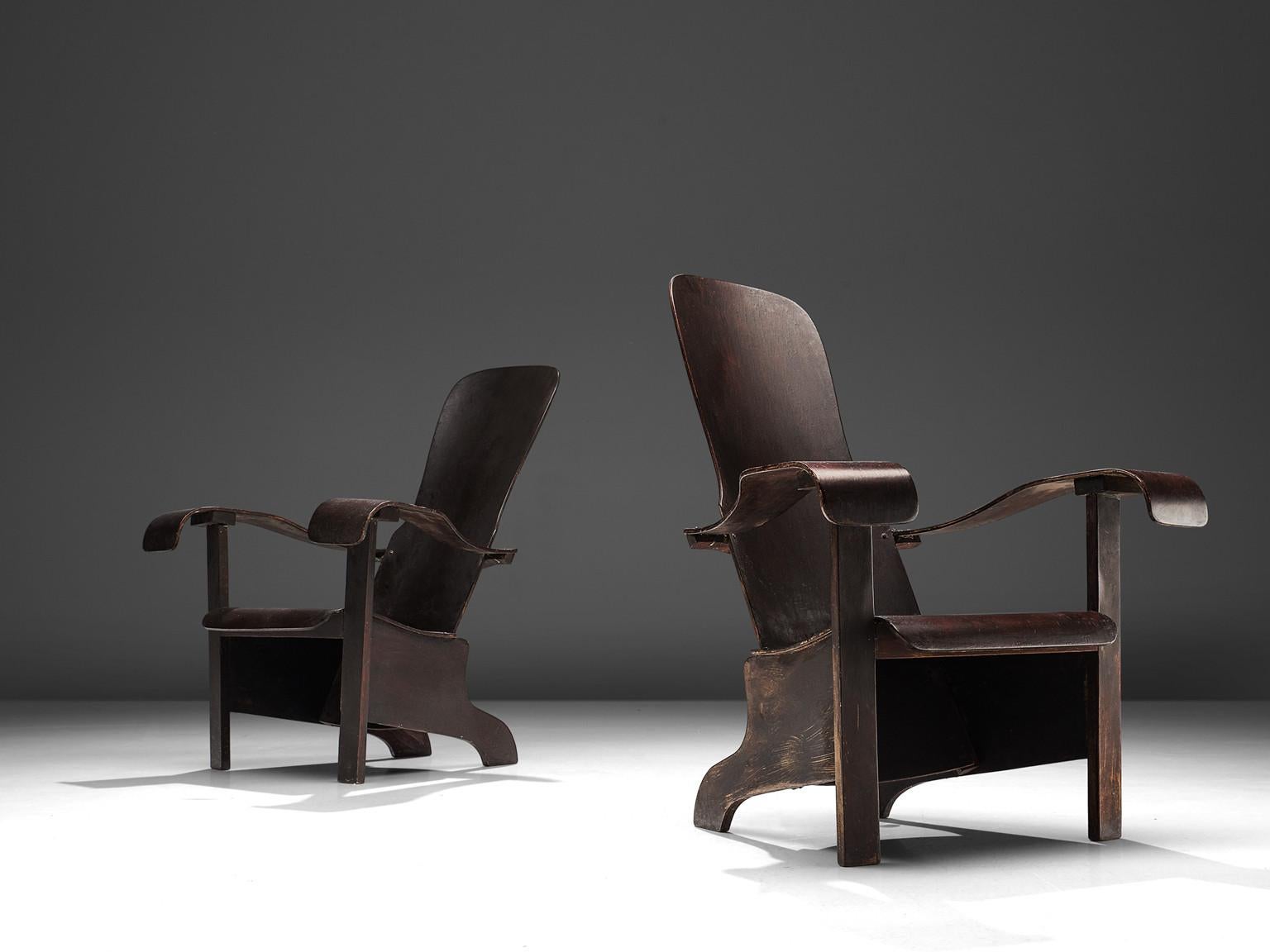 Brazilian Pair of Lounge Chairs in Dark Laminated Wood by Móveis Cimo