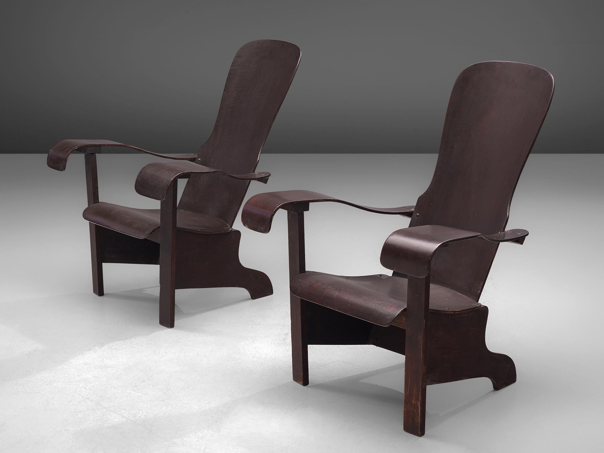 Brazilian Pair of Lounge Chairs in Dark Laminated Wood by Móveis Cimo