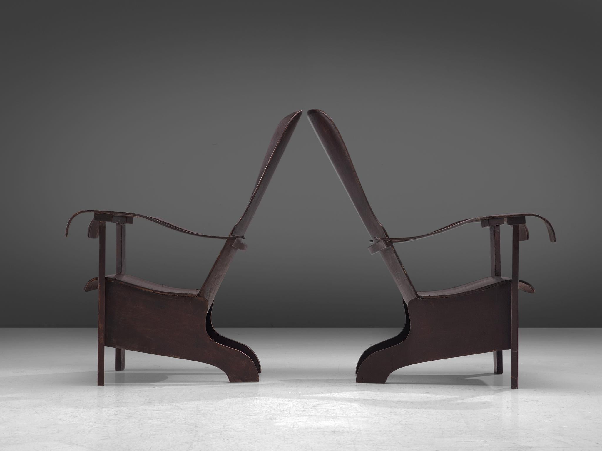 Brazilian Pair of Lounge Chairs in Dark Laminated Wood by Móveis Cimo