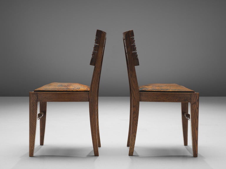 Gaston Poisson Set of Six Dining Chairs in Oak and Leather