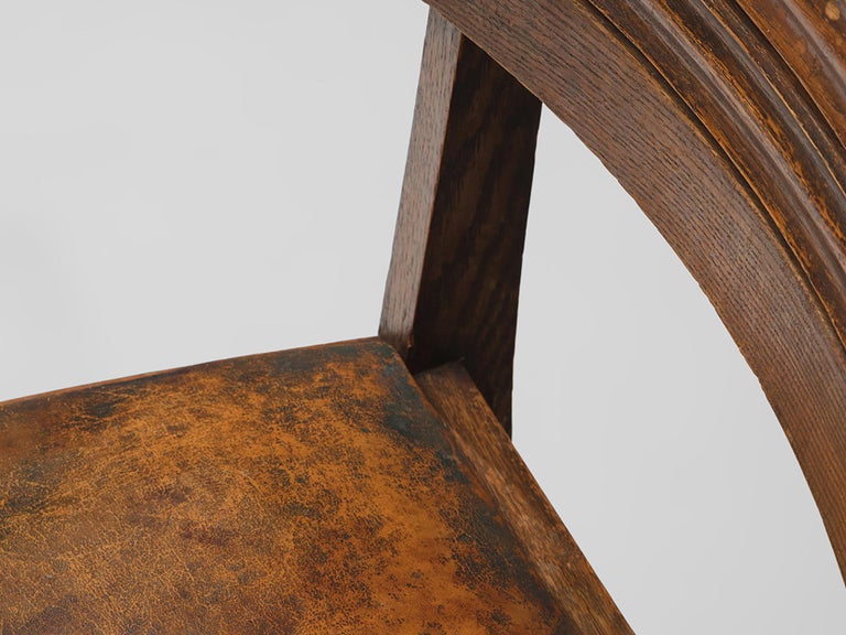 Gaston Poisson Set of Six Dining Chairs in Oak and Leather