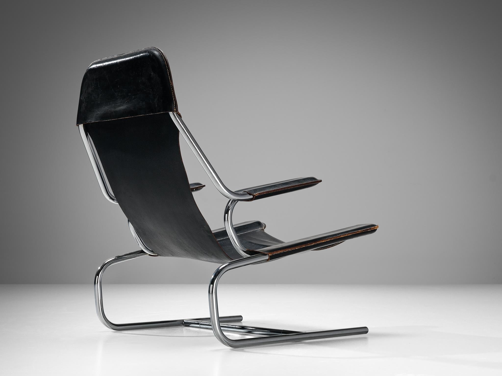 Tubular Lounge Chair and Ottoman in Black Leather