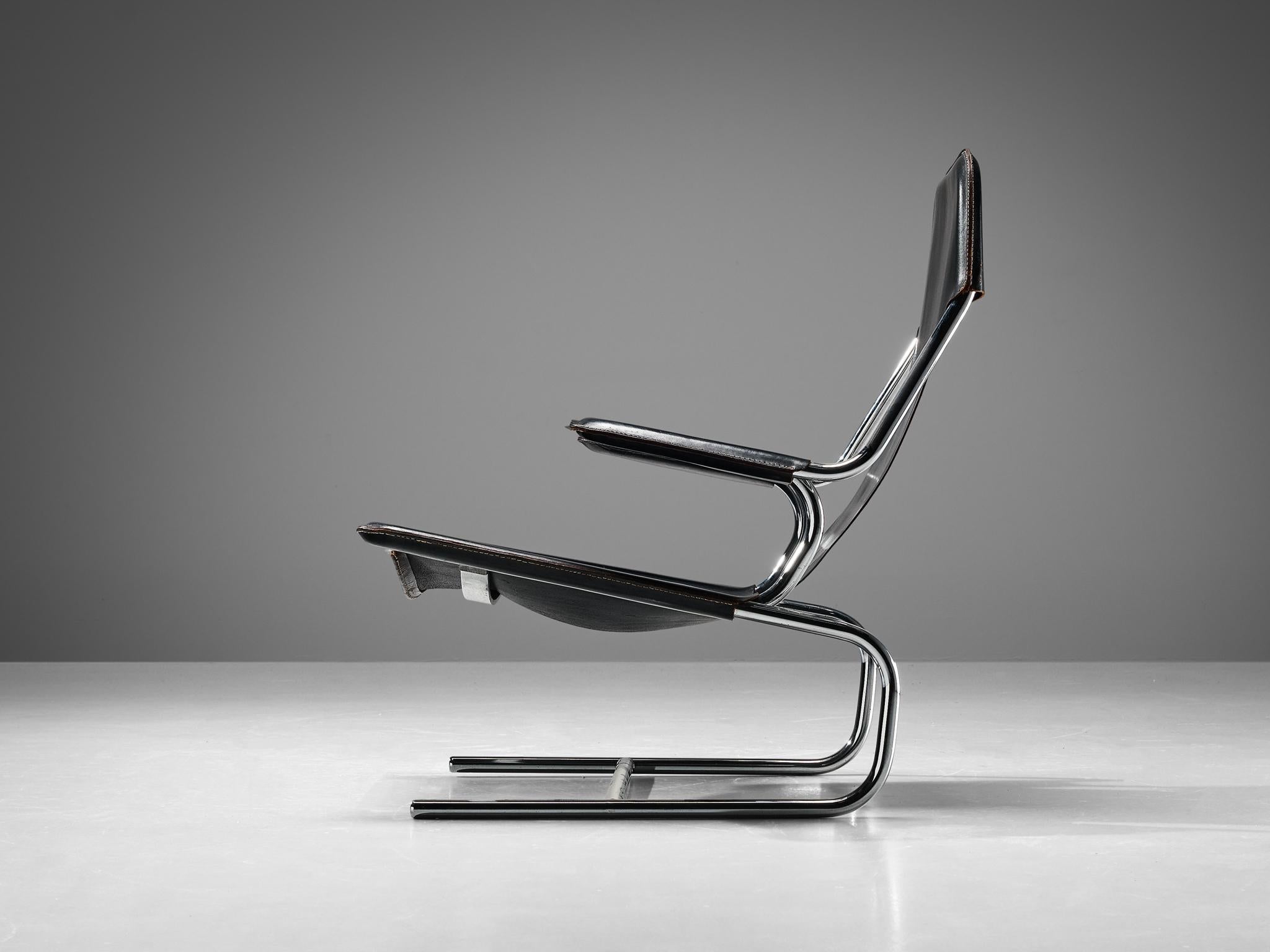 Tubular Lounge Chair and Ottoman in Black Leather