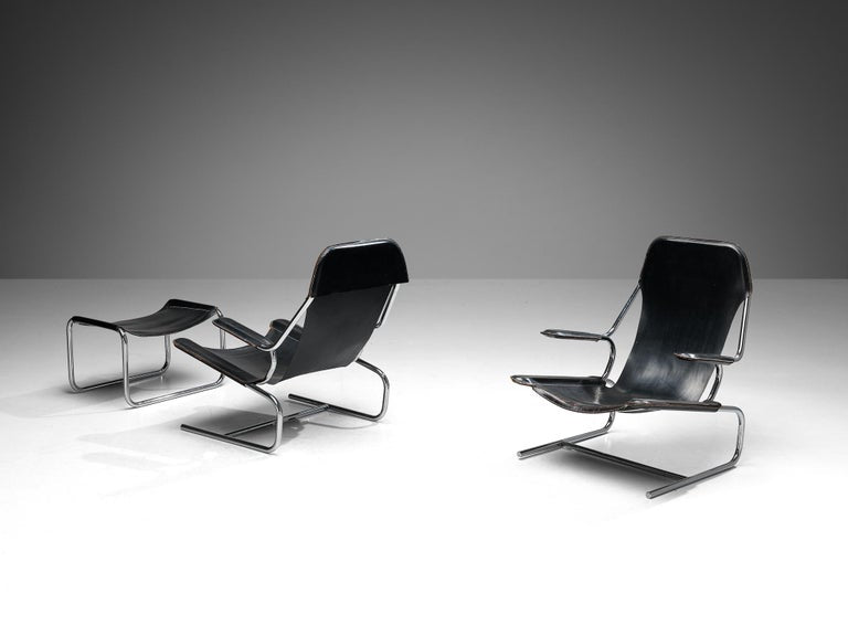 Pair of Tubular Lounge Chairs and Ottoman in Black Leather