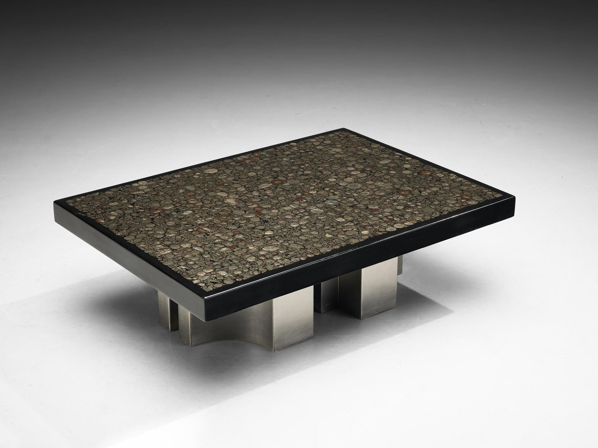 Jean Claude Dresse Coffee Table with Inlay of Marcasite and Stainless Steel