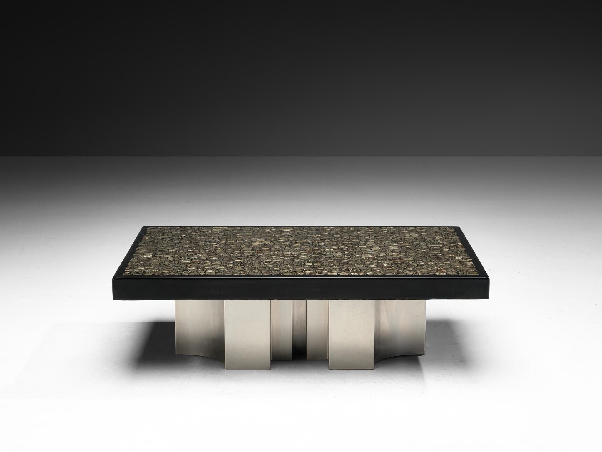 Jean Claude Dresse Coffee Table with Inlay of Marcasite and Stainless Steel