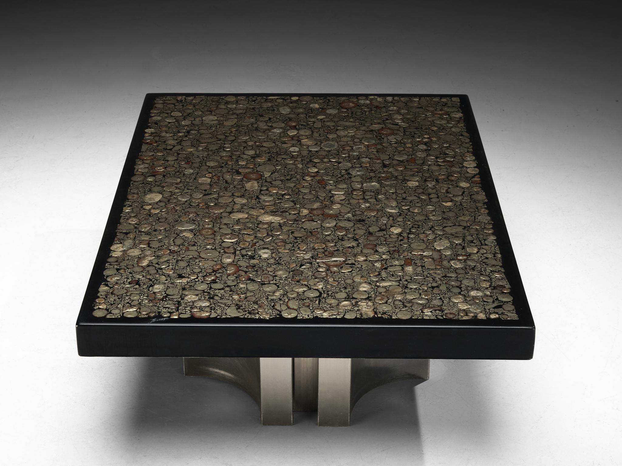 Jean Claude Dresse Coffee Table with Inlay of Marcasite and Stainless Steel