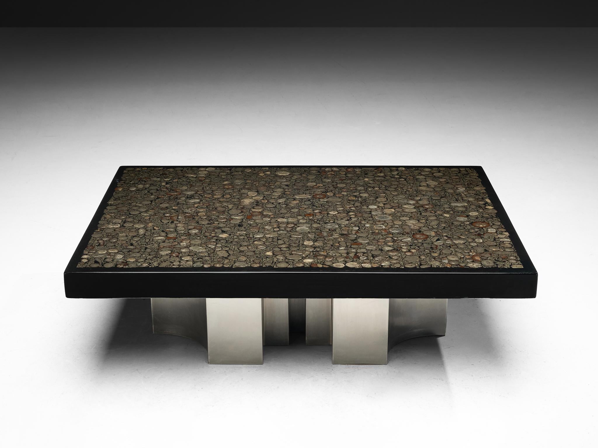 Jean Claude Dresse Coffee Table with Inlay of Marcasite and Stainless Steel