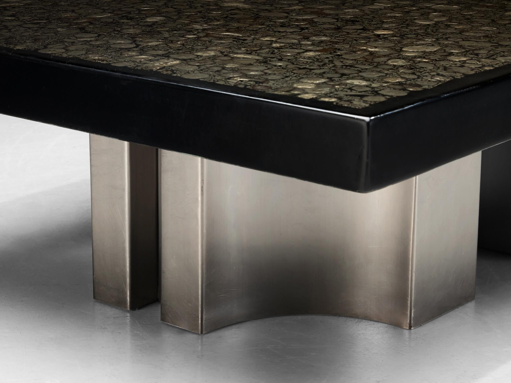 Jean Claude Dresse Coffee Table with Inlay of Marcasite and Stainless Steel