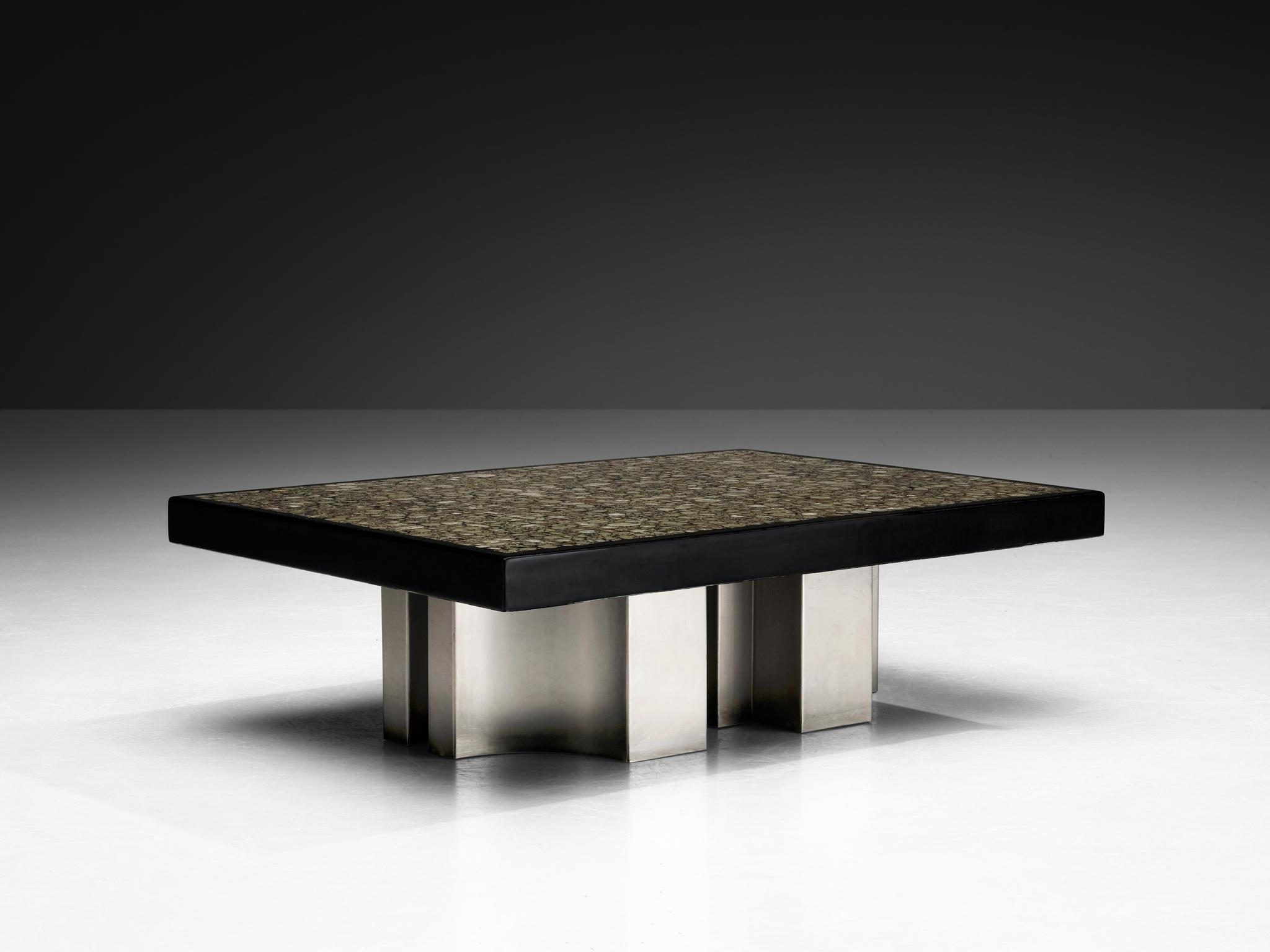 Jean Claude Dresse Coffee Table with Inlay of Marcasite and Stainless Steel