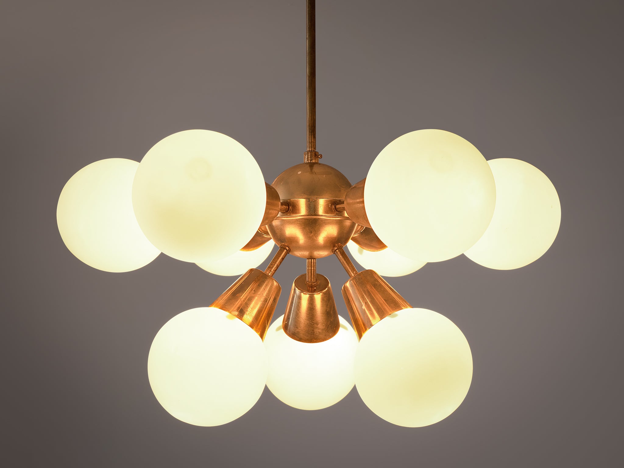 Brass Sputnik Chandelier with Opaline Glass Spheres