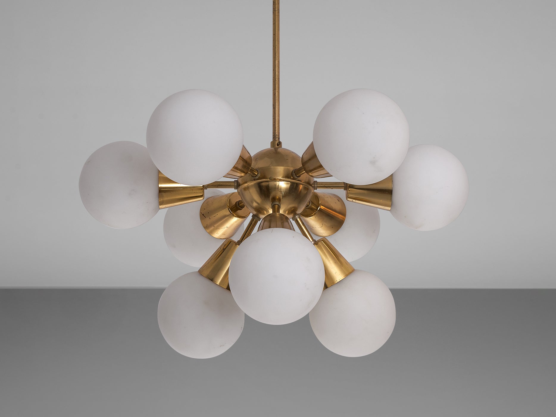 Brass Sputnik Chandelier with Opaline Glass Spheres