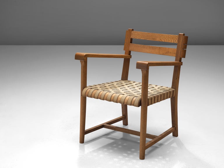 French Art Deco 1940s Armchair in Solid Oak with Woven Canvas Seat