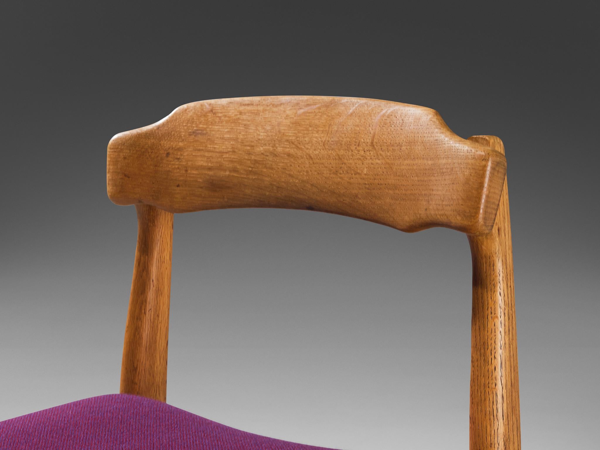 Guillerme & Chambron Pair of Dining Chairs in Oak and Purple Upholstery