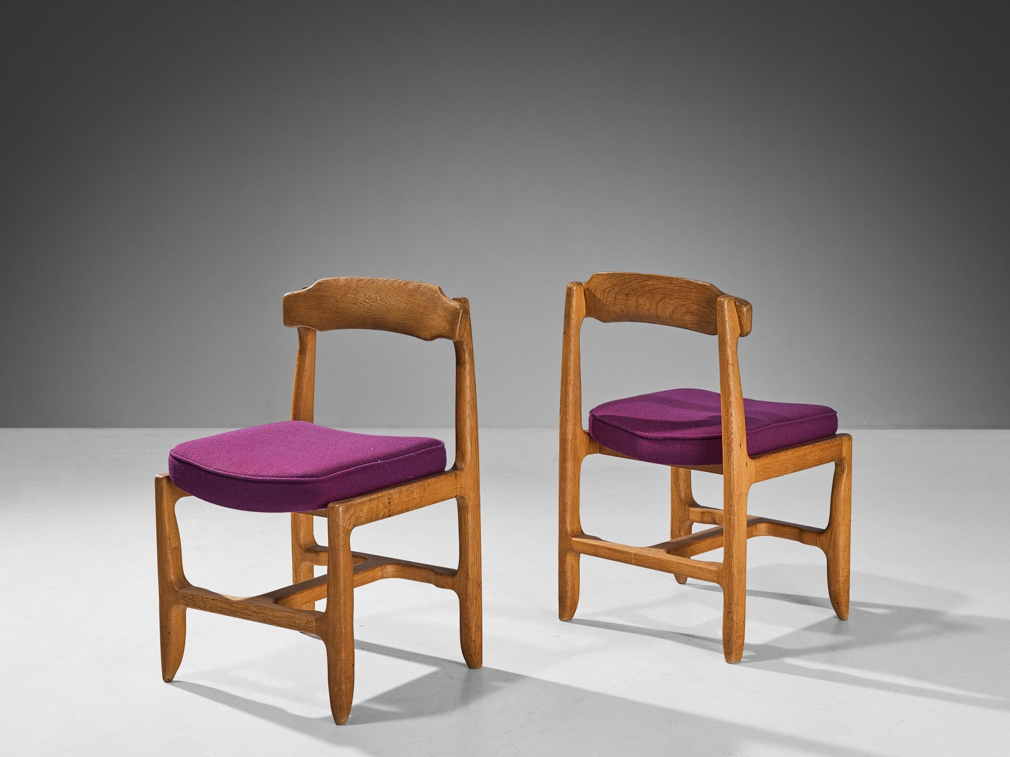 Guillerme & Chambron Pair of Dining Chairs in Oak and Purple Upholstery