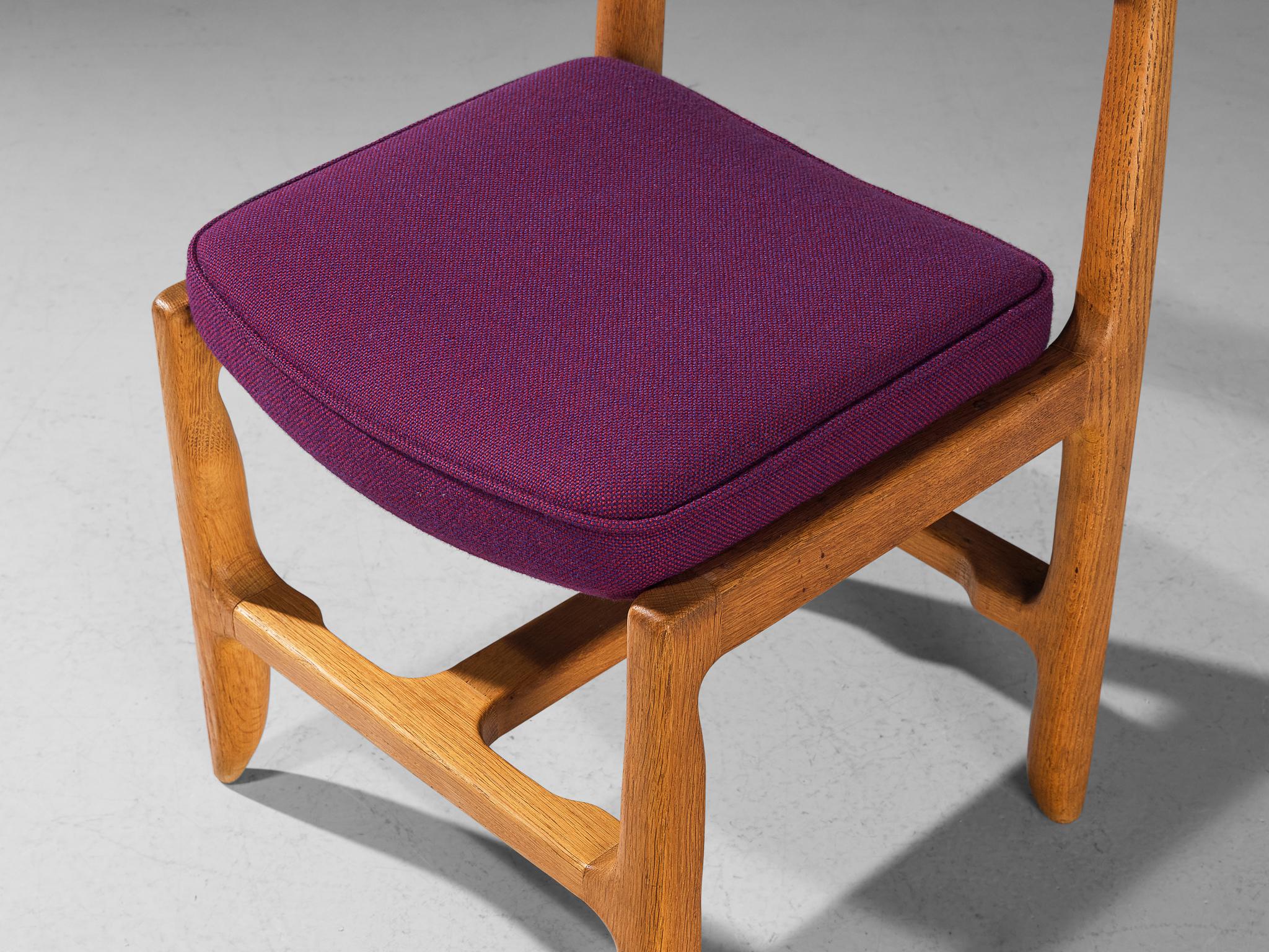 Guillerme & Chambron Pair of Dining Chairs in Oak and Purple Upholstery