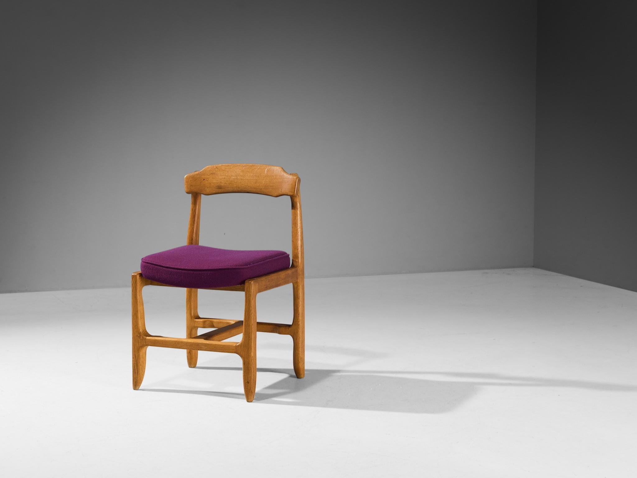 Guillerme & Chambron Pair of Dining Chairs in Oak and Purple Upholstery