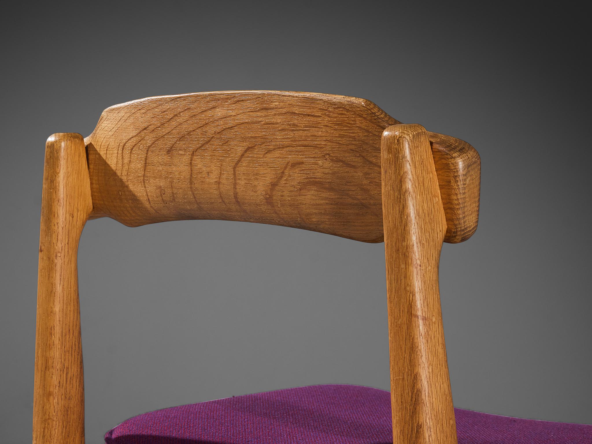 Guillerme & Chambron Pair of Dining Chairs in Oak and Purple Upholstery