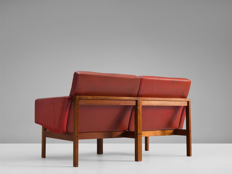 Ole Gjerløv-Knudsen & Torben Lind Two Seater Sofa in Red Leather and Teak