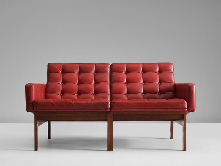 Ole Gjerløv-Knudsen & Torben Lind Two Seater Sofa in Red Leather and Teak