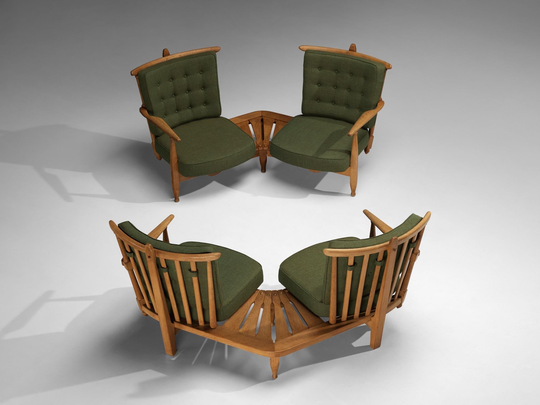 Guillerme & Chambron Lounge Set with Side Table Solid Oak and Green Fabric